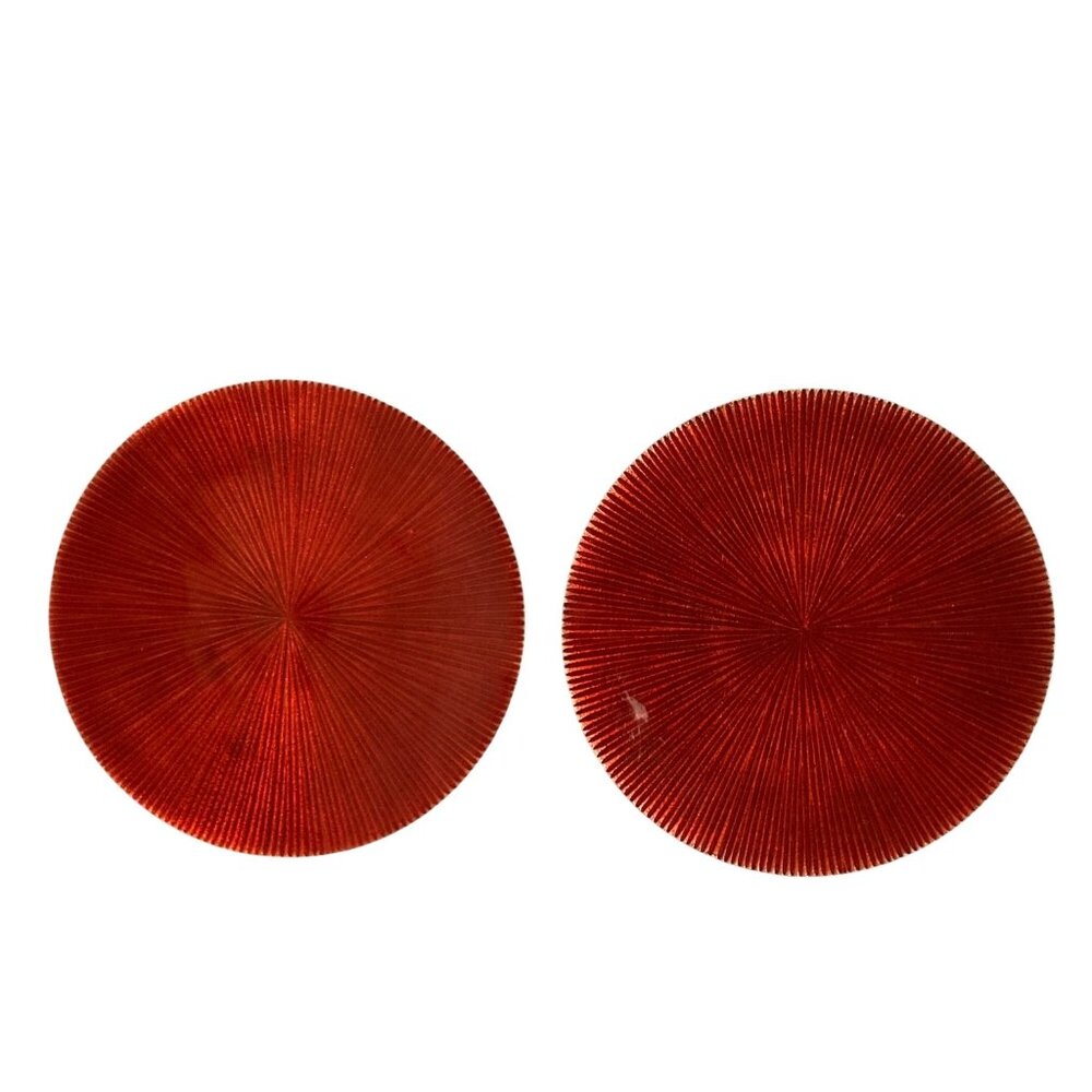 Mid Century Red Enamel Plate or Candle Holder Metal And Cork Bottom Set of 2